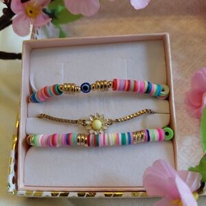 Multicolor Bead Stack Bracelet Set with Gold Daisy Accent